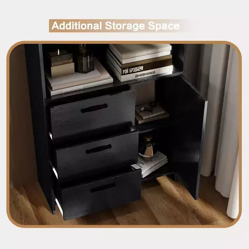 Libreria a 6 ripiani con anta e 3 cassetti, scaffale alto 180 cm con 3 ripiani aperti, libreria in legno con armadietto contenitore per casa, ufficio, soggiorno