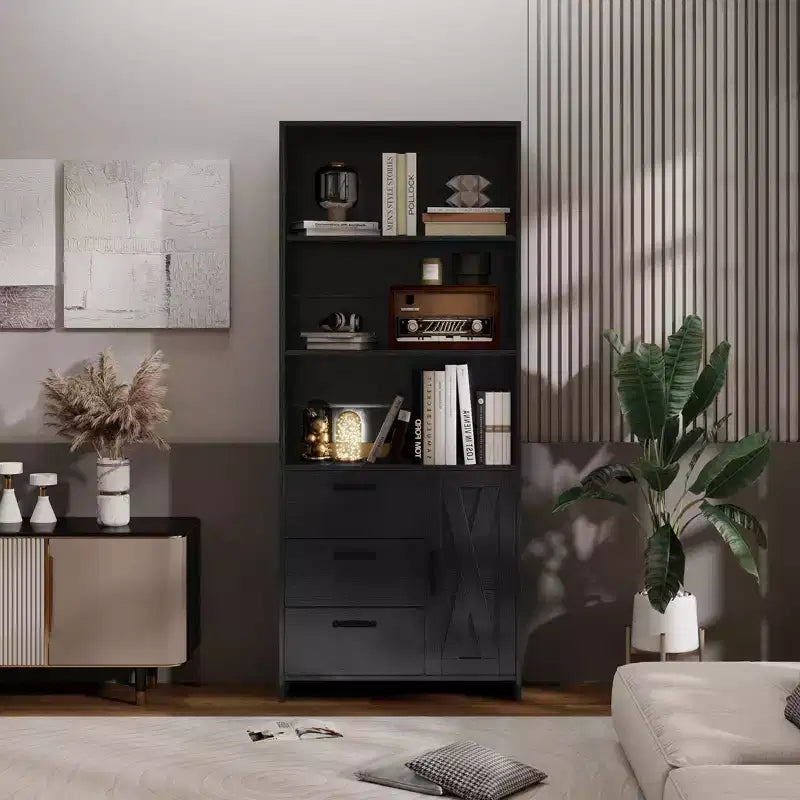Libreria a 6 ripiani con anta e 3 cassetti, scaffale alto 180 cm con 3 ripiani aperti, libreria in legno con armadietto contenitore per casa, ufficio, soggiorno