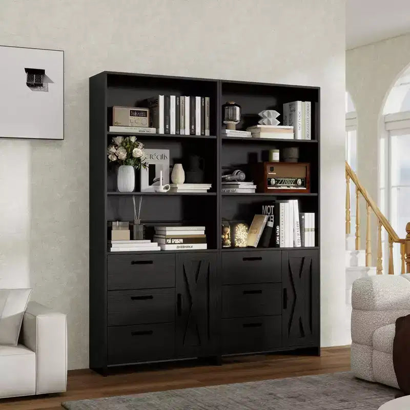 Libreria a 6 ripiani con anta e 3 cassetti, scaffale alto 180 cm con 3 ripiani aperti, libreria in legno con armadietto contenitore per casa, ufficio, soggiorno