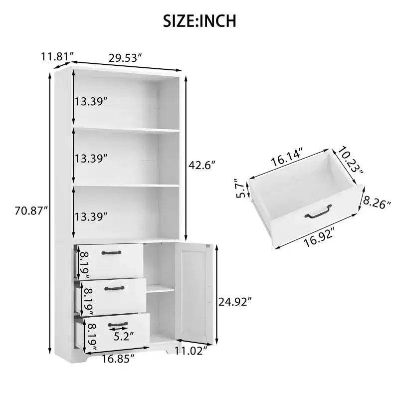 Libreria a 6 ripiani con anta e 3 cassetti, scaffale alto 180 cm con 3 ripiani aperti, libreria in legno con armadietto contenitore per casa, ufficio, soggiorno