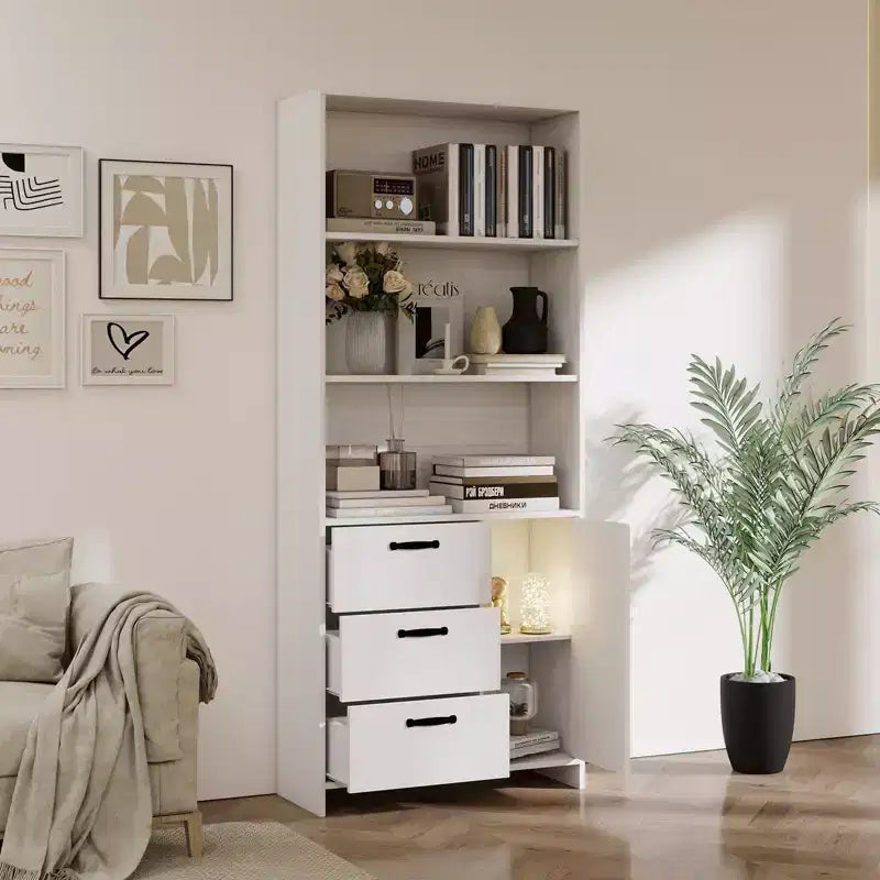 Libreria a 6 ripiani con anta e 3 cassetti, scaffale alto 180 cm con 3 ripiani aperti, libreria in legno con armadietto contenitore per casa, ufficio, soggiorno