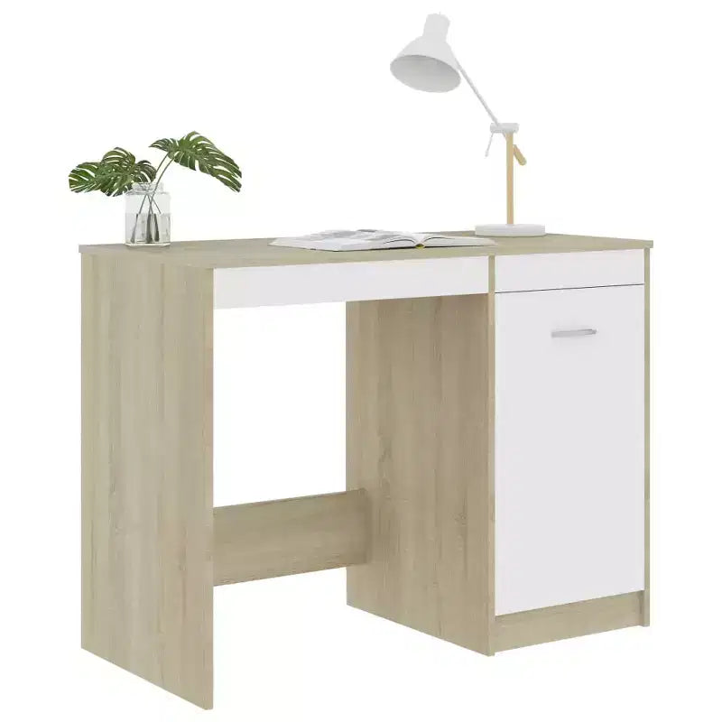 Scrivania media per computer bianca e rovere Sonoma in legno multistrato