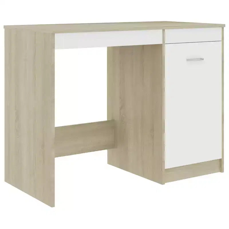 Scrivania media per computer bianca e rovere Sonoma in legno multistrato