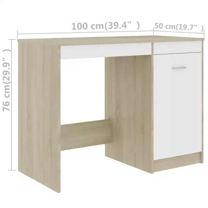 Scrivania media per computer bianca e rovere Sonoma in legno multistrato