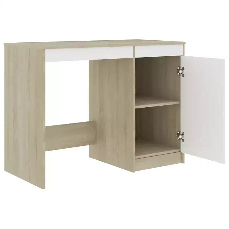 Scrivania media per computer bianca e rovere Sonoma in legno multistrato