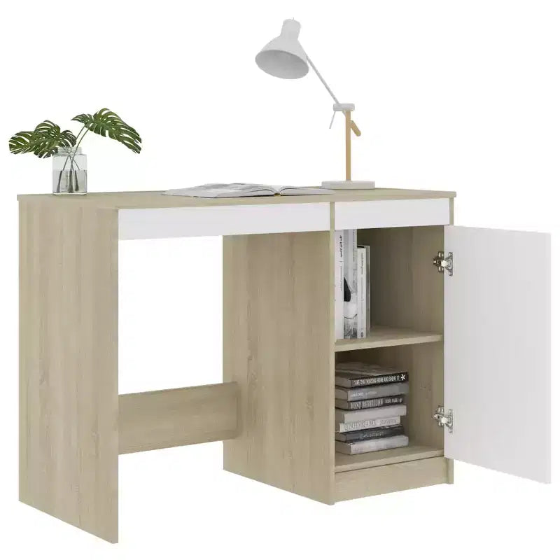 Scrivania media per computer bianca e rovere Sonoma in legno multistrato