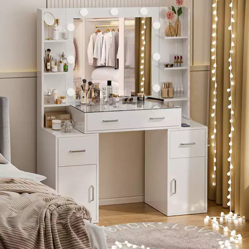 NES Vanity Desk with Mirror and Lights, Glass Top, Charging Station, Mirror, Nightstand, 3 Lighting Modes, White