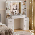 NES Vanity Desk with Mirror and Lights, Glass Top, Charging Station, Mirror, Nightstand, 3 Lighting Modes, White