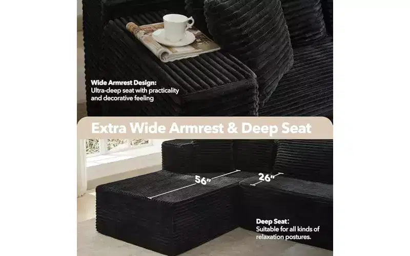 Divano componibile a L da 269 cm con chaise longue, divano modulare a seduta profonda, orientamento a sinistra