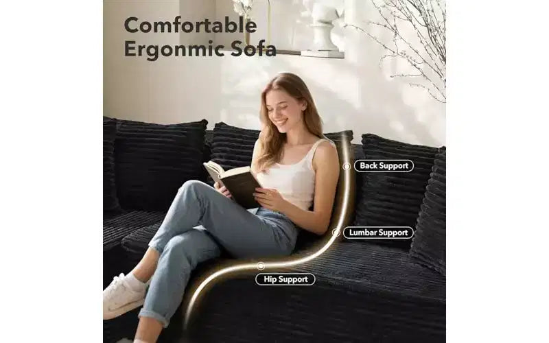 Divano componibile a L da 269 cm con chaise longue, divano modulare a seduta profonda, orientamento a sinistra