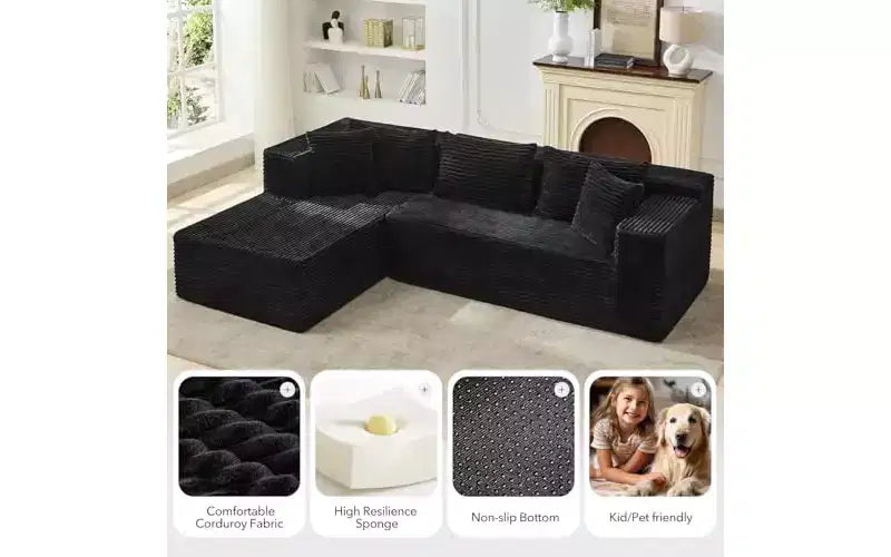 Divano componibile a L da 269 cm con chaise longue, divano modulare a seduta profonda, orientamento a sinistra
