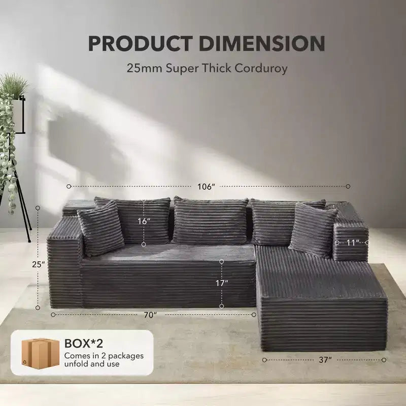 Divano componibile a L da 269 cm con chaise longue, divano modulare a seduta profonda, orientamento a sinistra