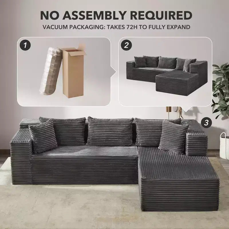 Divano componibile a L da 269 cm con chaise longue, divano modulare a seduta profonda, orientamento a sinistra
