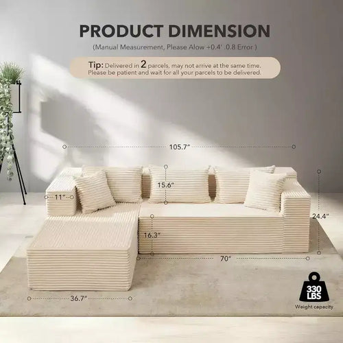 Divano componibile a L da 269 cm con chaise longue, divano modulare a seduta profonda, orientamento a sinistra