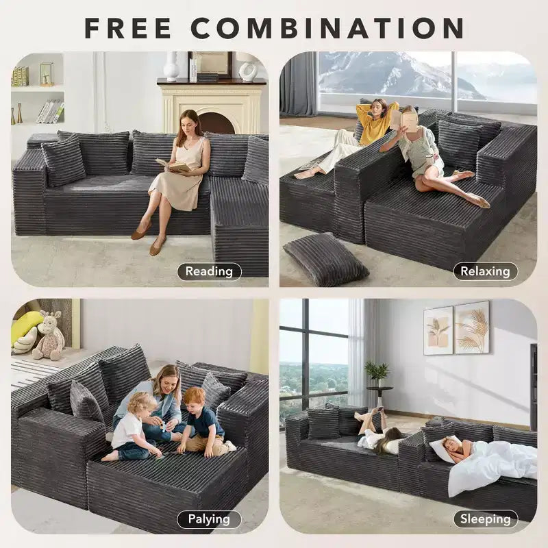 Divano componibile a L da 269 cm con chaise longue, divano modulare a seduta profonda, orientamento a sinistra