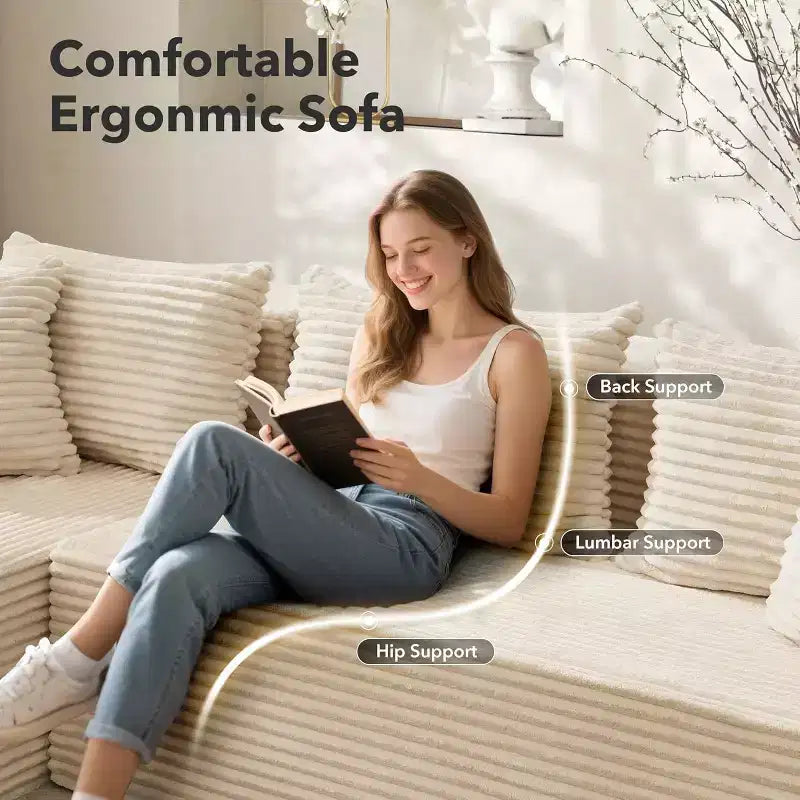 Divano componibile a L da 269 cm con chaise longue, divano modulare a seduta profonda, orientamento a sinistra
