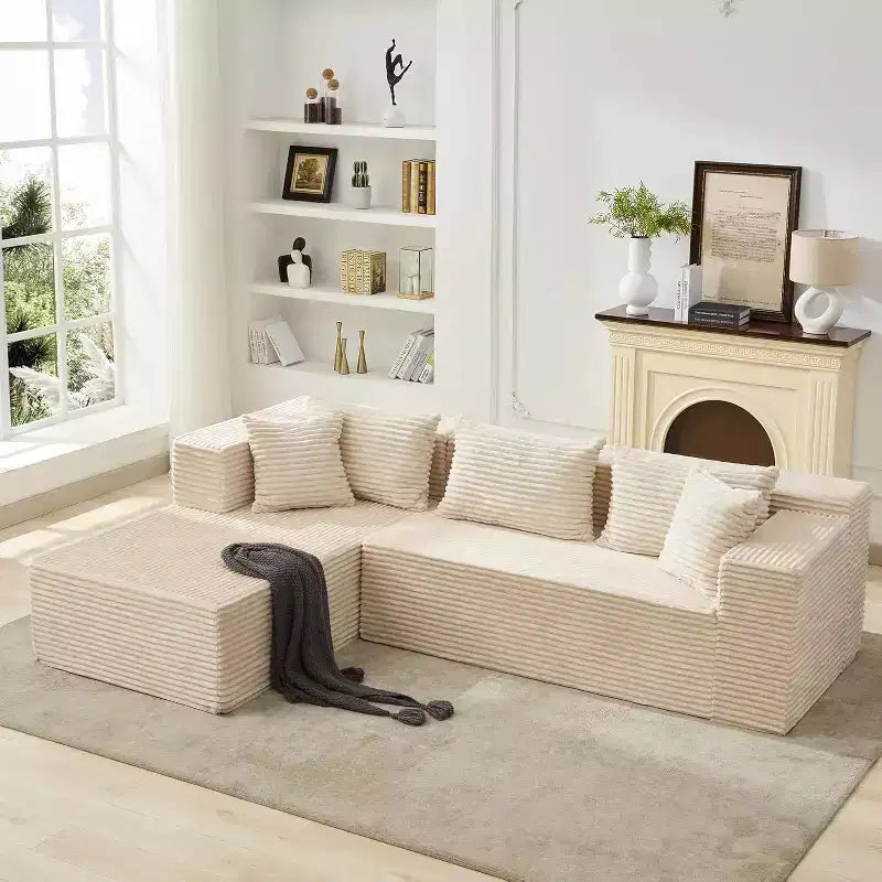 Divano componibile a L da 269 cm con chaise longue, divano modulare a seduta profonda, orientamento a sinistra
