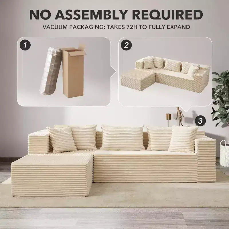 Divano componibile a L da 269 cm con chaise longue, divano modulare a seduta profonda, orientamento a sinistra