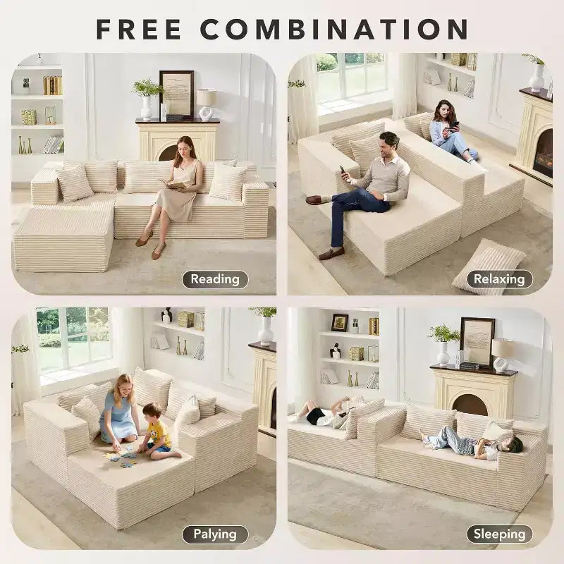 Divano componibile a L da 269 cm con chaise longue, divano modulare a seduta profonda, orientamento a sinistra