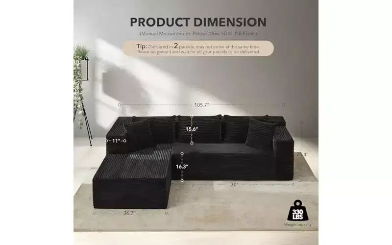 Divano componibile a L da 269 cm con chaise longue, divano modulare a seduta profonda, orientamento a sinistra