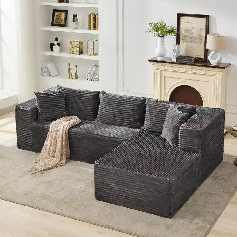 Divano componibile a L da 269 cm con chaise longue, divano modulare a seduta profonda, orientamento a sinistra