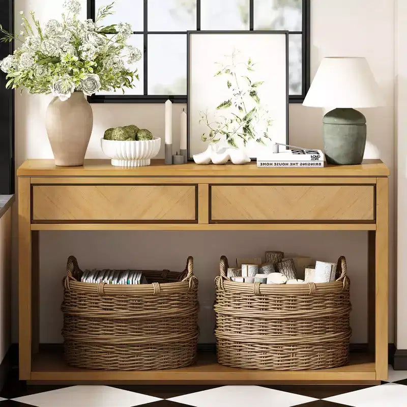 Okak 55IN Rustic Console Table with 2 Drawers, Entryway Table with Open Shelf, Hallway Table for Living Room, Bedroom, Foyer, Natural