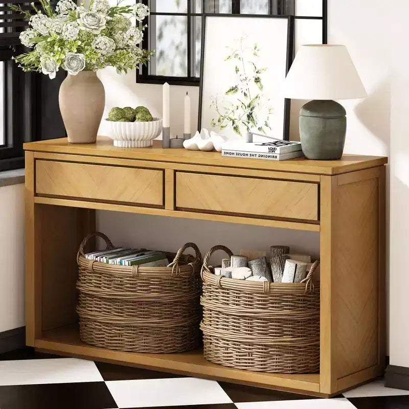 Tavolino Consolle Rustico 55" con 2 Cassetti e Ripiano Aperto per Ingresso/Corridoio, Naturale