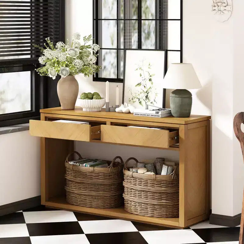 Tavolino Consolle Rustico 55" con 2 Cassetti e Ripiano Aperto per Ingresso/Corridoio, Naturale