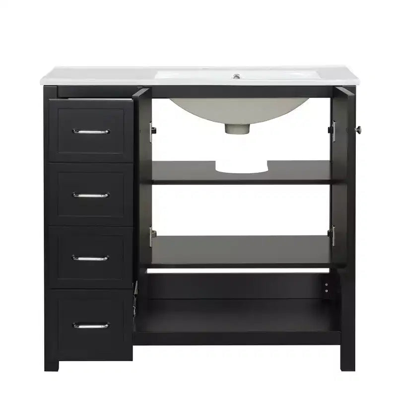 Mobile bagno 90 cm con lavabo 2 ante 2 cassetti ripiano a giorno in legno massello Nero