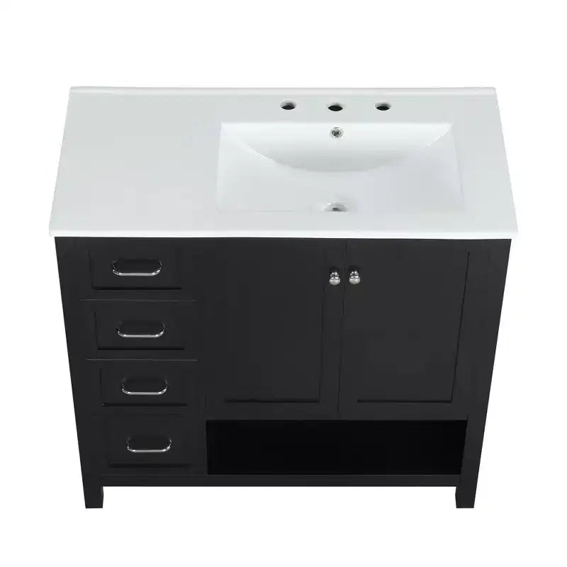 Mobile bagno 90 cm con lavabo 2 ante 2 cassetti ripiano a giorno in legno massello Nero