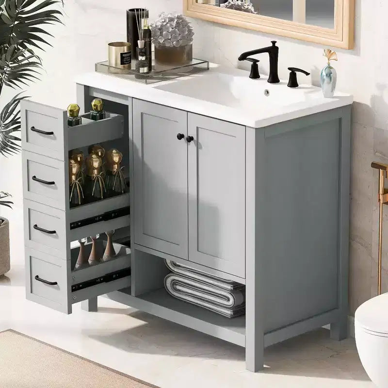 Mobile bagno 90 cm con lavabo 2 ante 2 cassetti ripiano a giorno in legno massello Nero