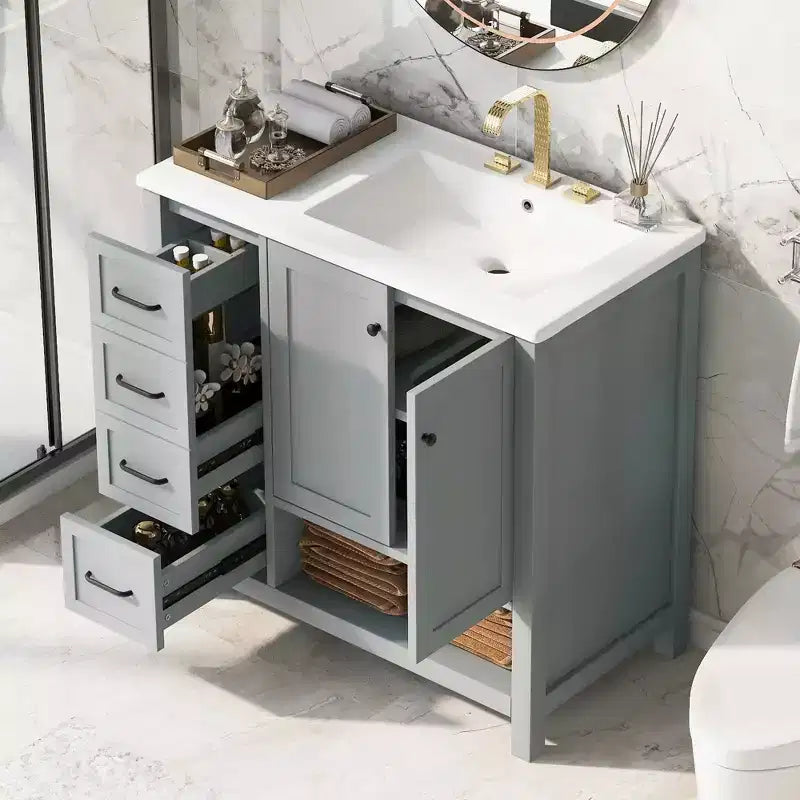 Mobile bagno 90 cm con lavabo 2 ante 2 cassetti ripiano a giorno in legno massello Nero