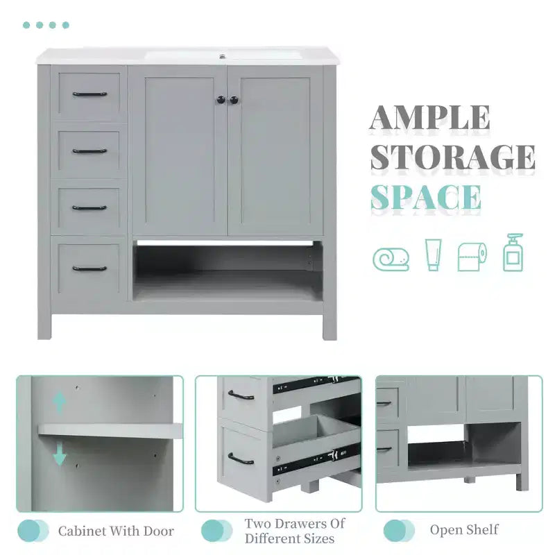 Mobile bagno 90 cm con lavabo 2 ante 2 cassetti ripiano a giorno in legno massello Nero