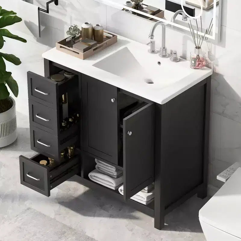 Mobile bagno 90 cm con lavabo 2 ante 2 cassetti ripiano a giorno in legno massello Nero