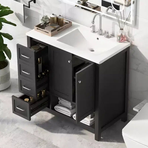 Mobile bagno 90 cm con lavabo 2 ante 2 cassetti ripiano a giorno in legno massello Nero