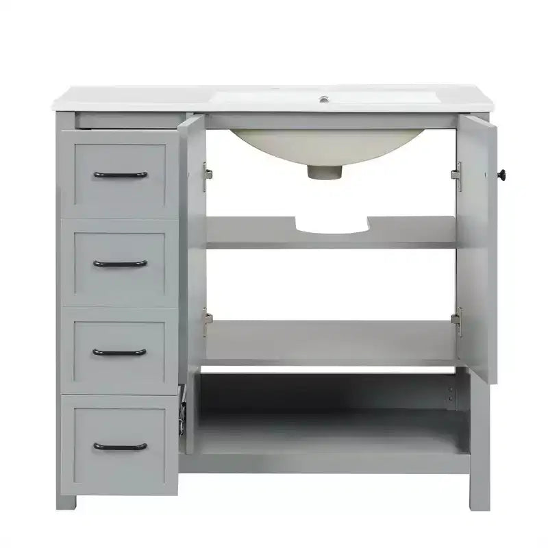 Mobile bagno 90 cm con lavabo 2 ante 2 cassetti ripiano a giorno in legno massello Nero