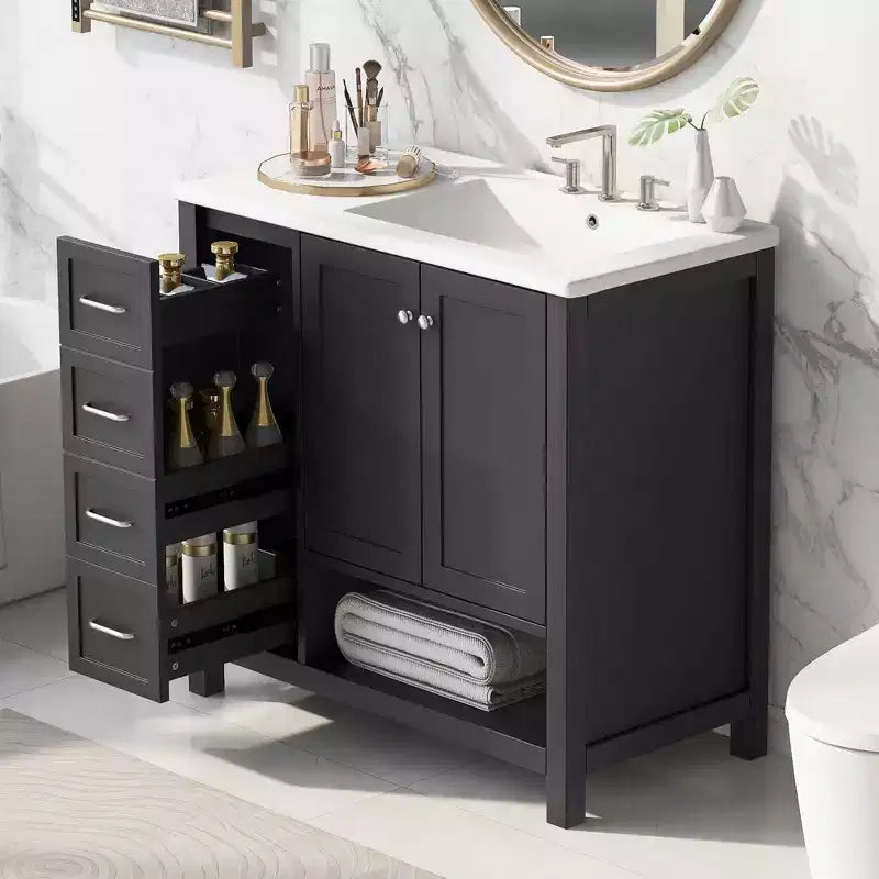 Mobile bagno 90 cm con lavabo 2 ante 2 cassetti ripiano a giorno in legno massello Nero
