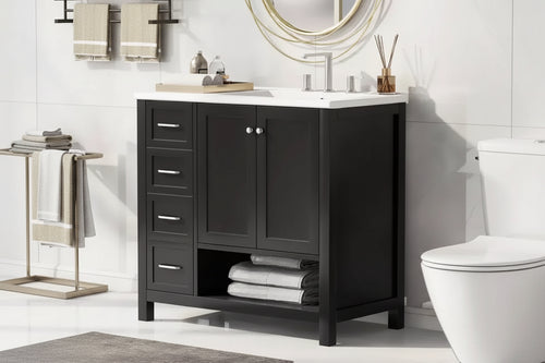 MAYEERTY 36 Bathroom Vanity with Sink Top 2 Doors 2 Drawers Solid Wood Open Shelf MDF Black