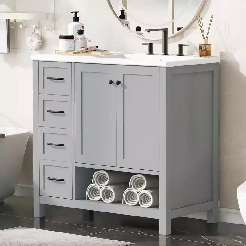 Mobile bagno 90 cm con lavabo 2 ante 2 cassetti ripiano a giorno in legno massello Nero