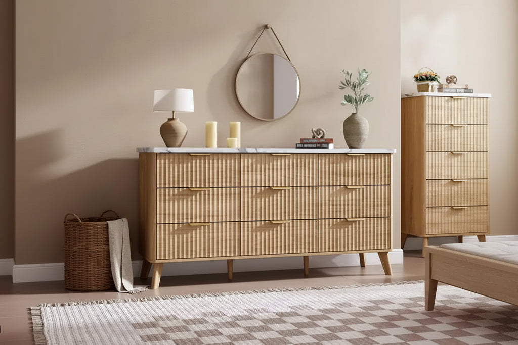 Fluted Dresser for Bedroom with 9 Deep Drawers, 60.6 in Wide Modern Chest of Drawers