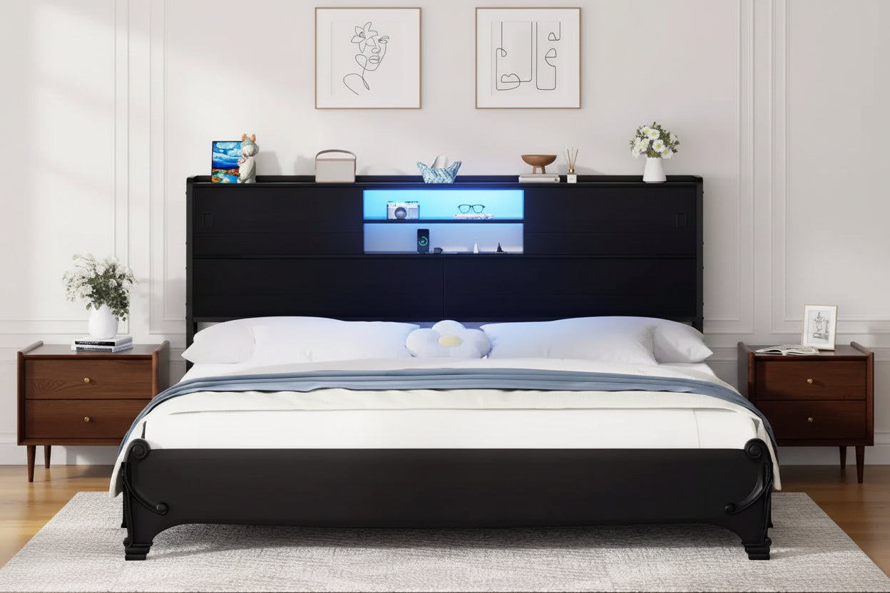 Besiost Storage Headboard with Sliding Doors and Charging Station
