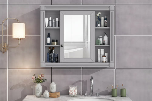 MAYEERTY 28.7 Wall Mounted Bathroom Mirror Cabinet with Concealed Storage 6 Open Shelves Medicine Cabinet Gray