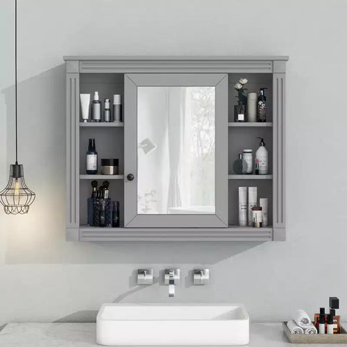 Pensile da bagno a specchio da 72,9 cm Grigio con 6 ripiani aperti e vano contenitore a scomparsa