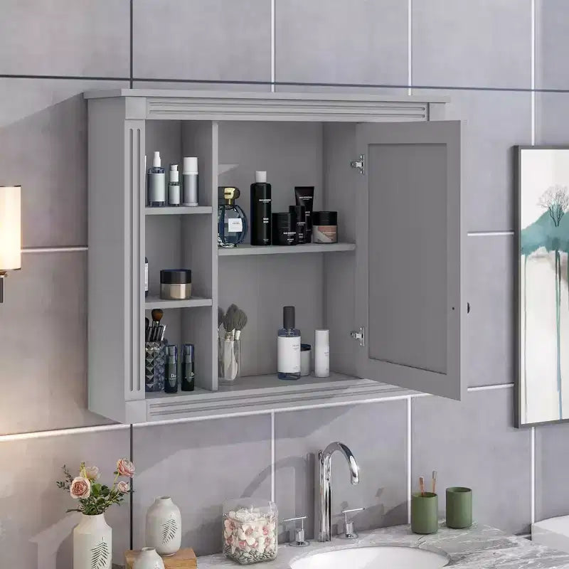 Pensile da bagno a specchio da 72,9 cm Grigio con 6 ripiani aperti e vano contenitore a scomparsa