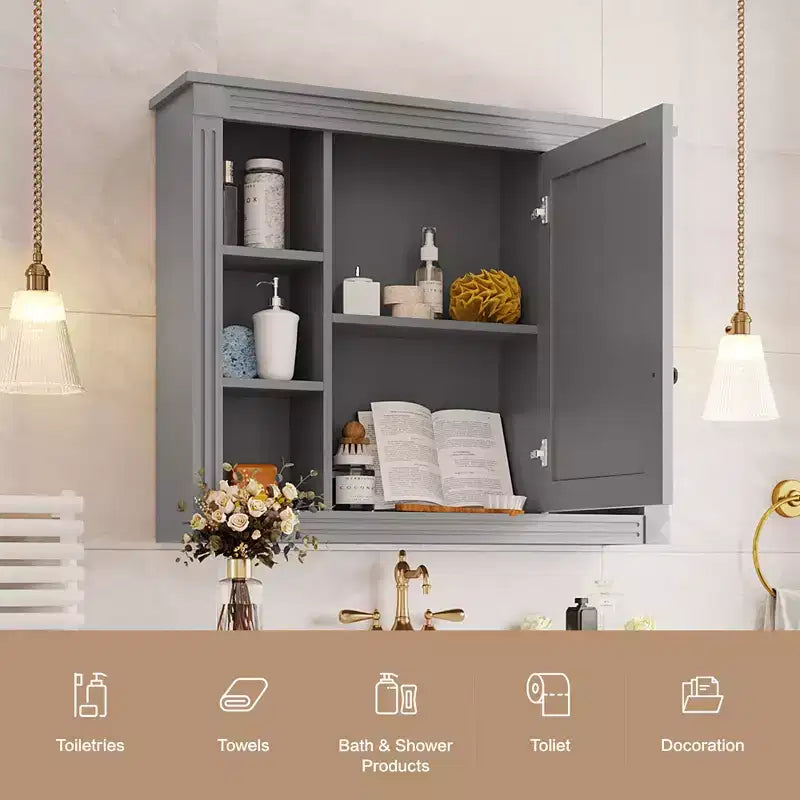 Pensile da bagno a specchio da 72,9 cm Grigio con 6 ripiani aperti e vano contenitore a scomparsa