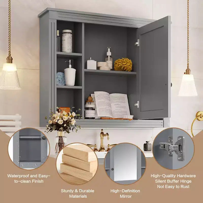 Pensile da bagno a specchio da 72,9 cm Grigio con 6 ripiani aperti e vano contenitore a scomparsa