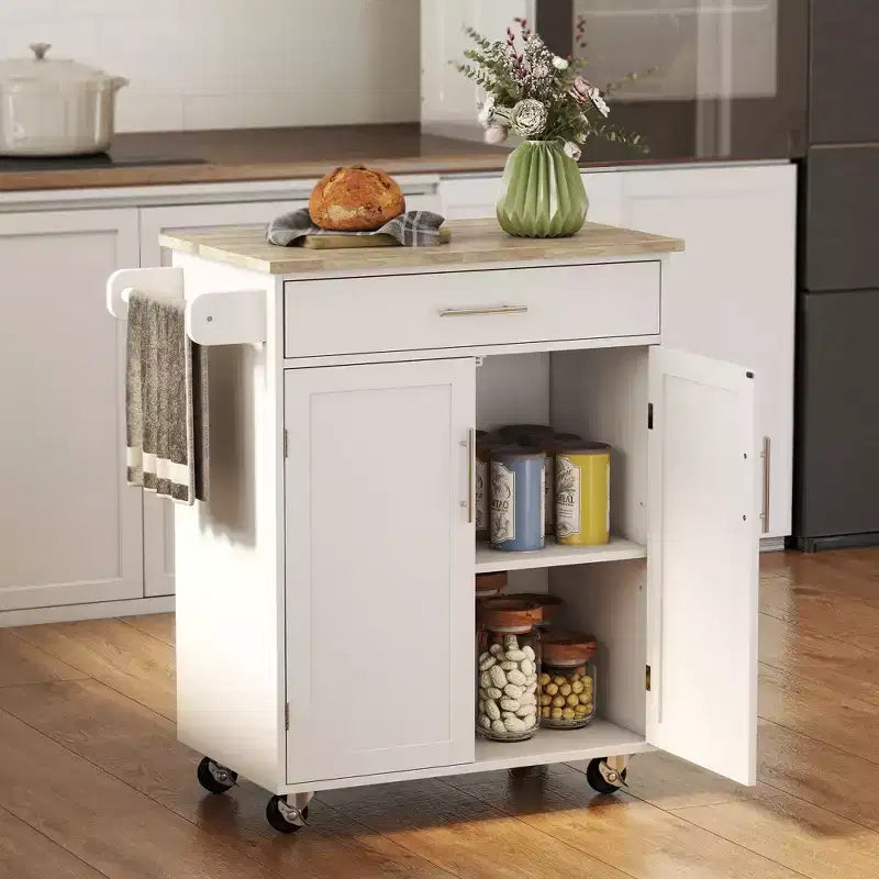 Carrello da Cucina Isola Carrello Rotelle con Cassetto, Armadietto Contenitore e Portasciugamani