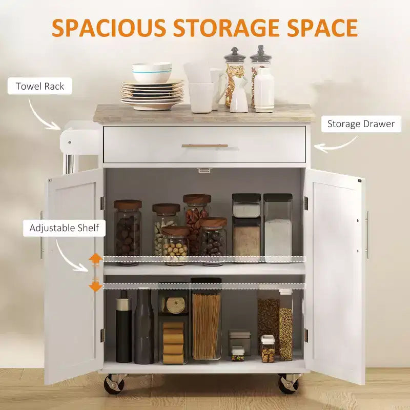 Carrello da Cucina Isola Carrello Rotelle con Cassetto, Armadietto Contenitore e Portasciugamani