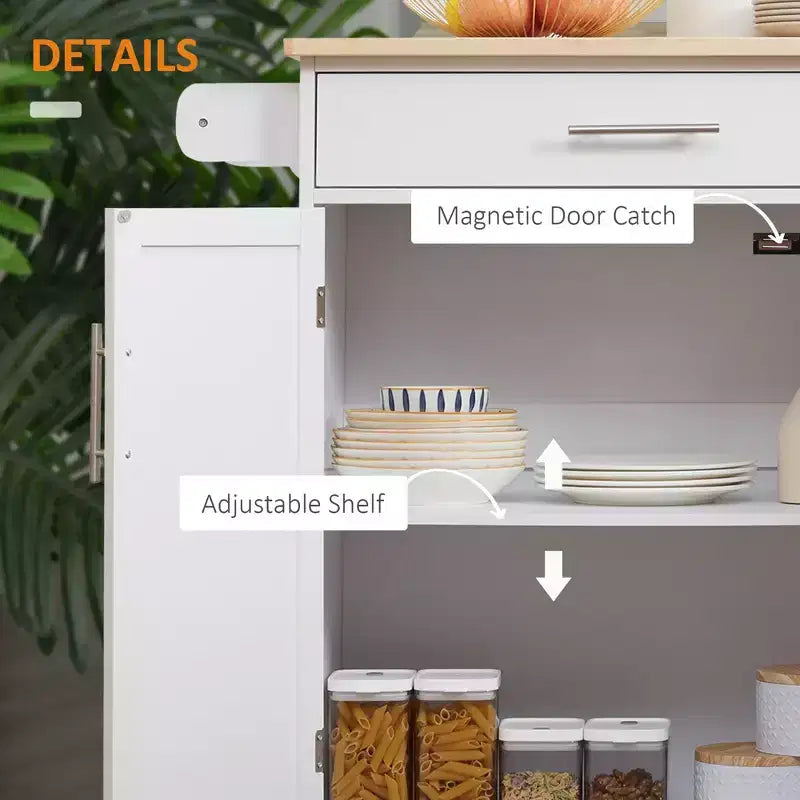 Carrello da Cucina Isola Carrello Rotelle con Cassetto, Armadietto Contenitore e Portasciugamani