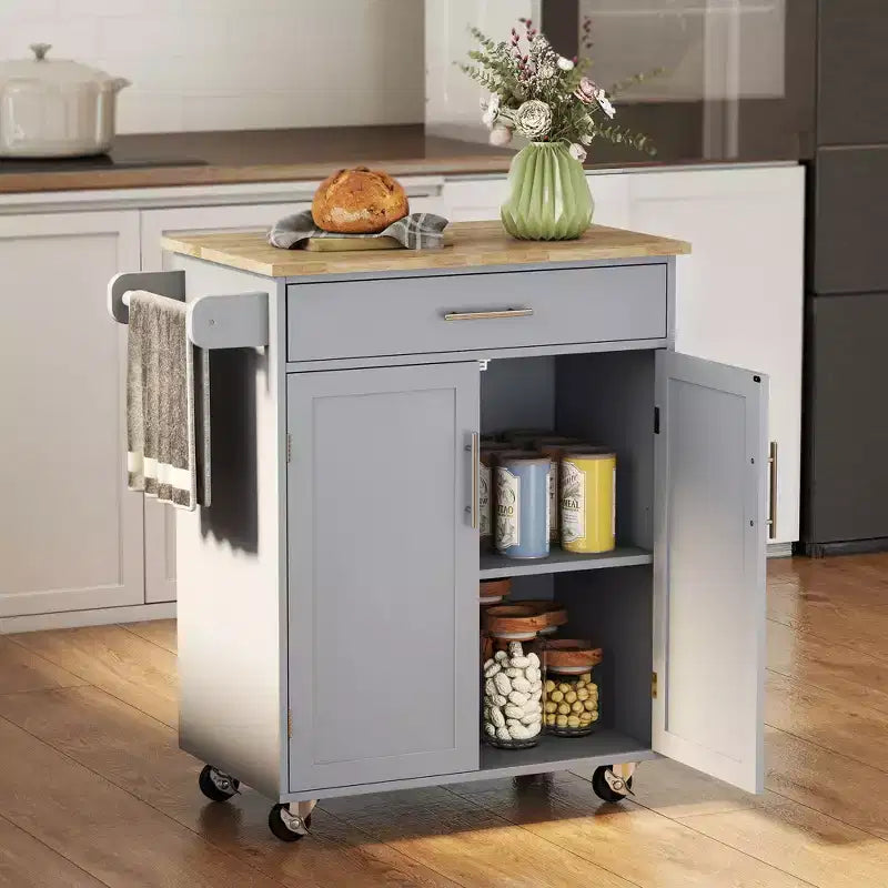 Carrello da Cucina Isola Carrello Rotelle con Cassetto, Armadietto Contenitore e Portasciugamani